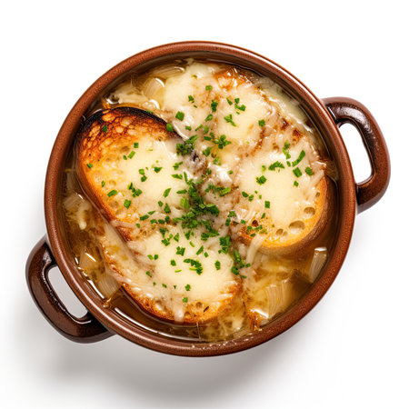 Soup with meat and cheese isolated on white background. Top view.の素材