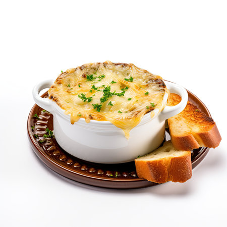Casserole with cheese and bread on a white background. Selective focus.の素材