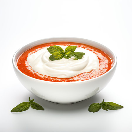 Tomato soup with cream and basil in a bowl on white backgroundの素材