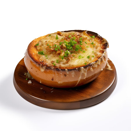 Baked egg with cheese and parsley on a wooden plate isolated on white backgroundの素材