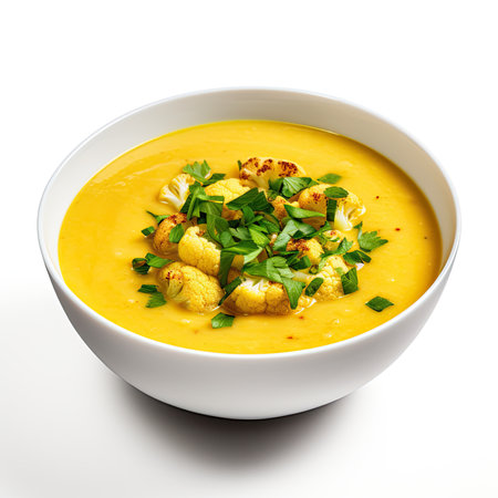 Pumpkin soup with croutons and parsley isolated on white backgroundの素材
