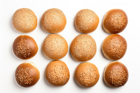Buns with sesame seeds isolated on white background. Top view.の素材