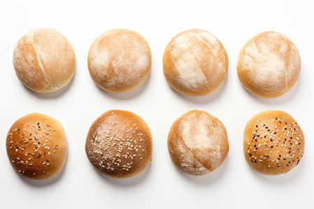 Set of buns with sesame seeds on white background, top viewの素材