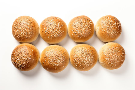 Buns with sesame seeds on a white background, top viewの素材