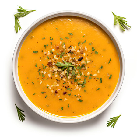 Pumpkin soup isolated on white background. Top view. Flat lay.の素材
