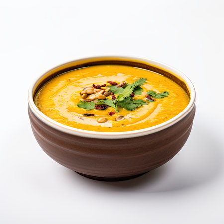 Pumpkin soup in ceramic bowl on white background. Vegetarian food.の素材