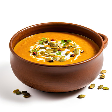 Pumpkin soup in a clay bowl isolated on white background.の素材