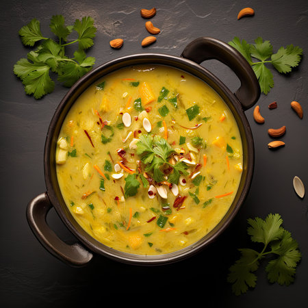 Vegetable soup with chickpeas, carrot, corn, onion and parsley in bowl on black backgroundの素材
