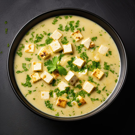 Vegetable cream soup with tofu and parsley in a bowl on a black background, top viewの素材