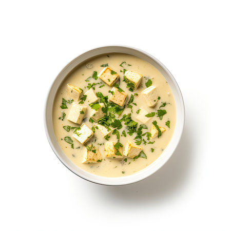 Creamy tofu soup with parsley isolated on white background, top viewの素材