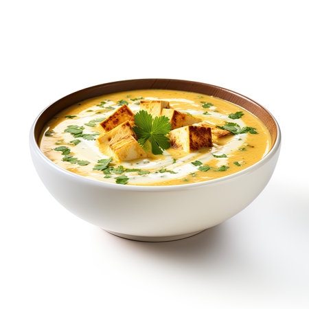 Creamy pumpkin soup with croutons and parsley isolated on white backgroundの素材