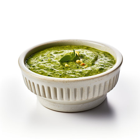 Spinach cream soup in ceramic bowl isolated on white background.の素材