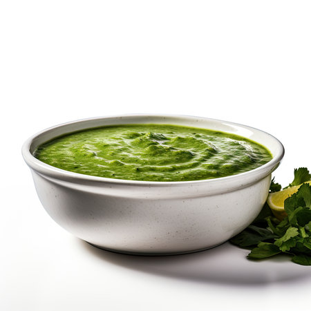 Spinach cream soup isolated on white background. Selective focus.の素材