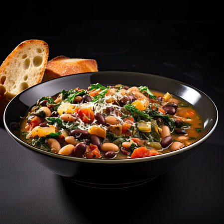 Vegetable stew with beans in a bowl on a black backgroundの素材