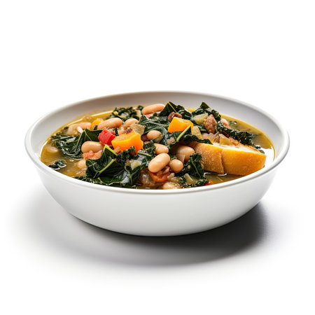 bowl of baked beans with spinach and orange isolated on white background.の素材