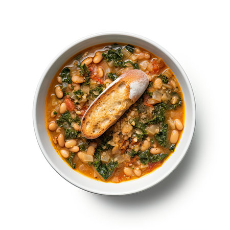Bowl of bean soup with bread isolated on white background, top viewの素材