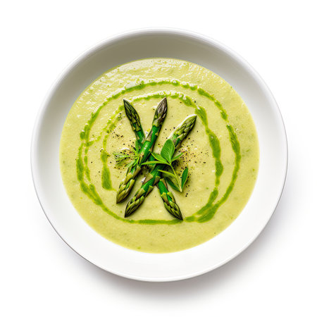 Asparagus cream soup in a bowl isolated on white background.の素材