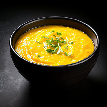 Pumpkin soup in a black bowl on a dark background.の素材