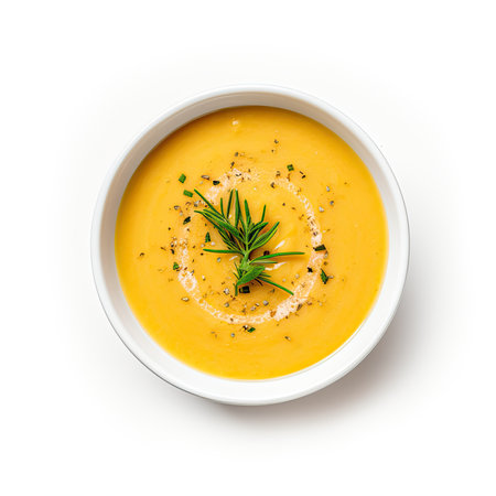 Pumpkin soup in a bowl isolated on white background, top viewの素材