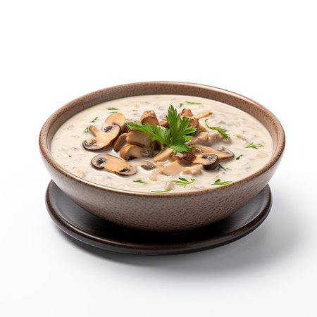 Mushroom cream soup in a bowl isolated on white background.の素材