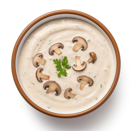 Mushroom cream soup in bowl isolated on white background, top viewの素材