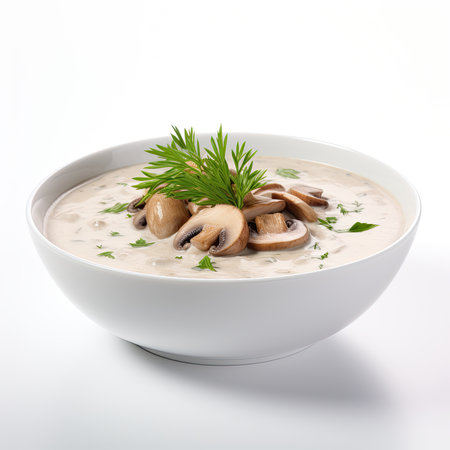 Mushroom cream soup with dill and parsley on white backgroundの素材