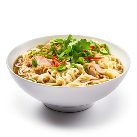 Instant noodles with pork and vegetables in a bowl isolated on white backgroundの素材