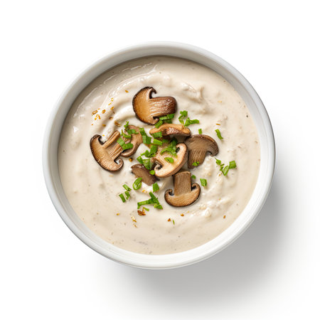 Mushroom cream soup in bowl isolated on white background, top viewの素材