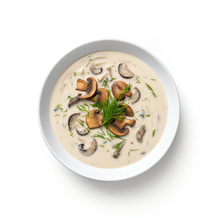 Mushroom cream soup isolated on white background. Top view.の素材