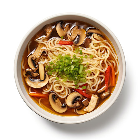 Japanese ramen soup with shiitake mushrooms and vegetables, top viewの素材