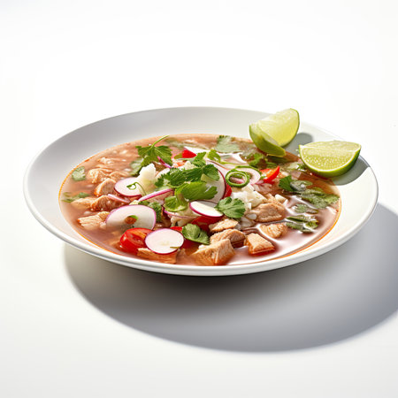 Thai spicy soup with chicken and vegetables on a white background.の素材