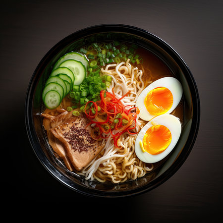 Ramen noodle soup with egg and vegetables on black background, top viewの素材