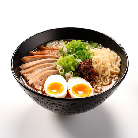 Japanese ramen noodles with pork and egg in black bowl on white backgroundの素材