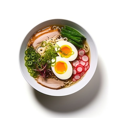 Japanese ramen soup with pork, egg and vegetables isolated on white backgroundの素材
