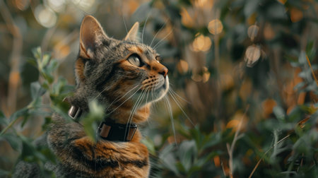 tabby cat on a leash sits on a background of green grassの素材