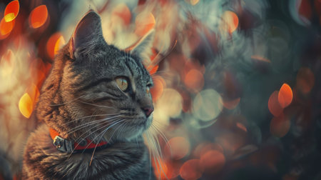 Portrait of a tabby cat in a red collar on the background of a bokeh.の素材