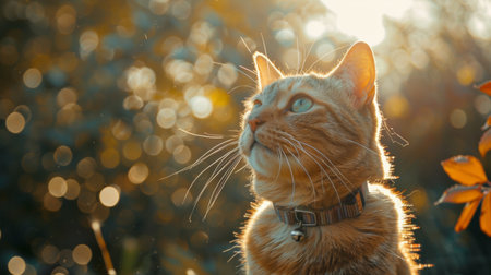 Cute ginger cat in autumn park with bokeh background.の素材