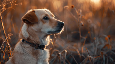 Cute dog in the field at sunset. Portrait of a dogの素材