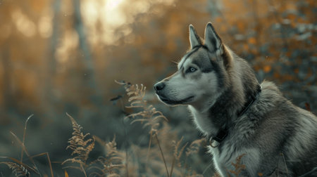 Siberian Husky in the autumn forest. Selective focus.の素材