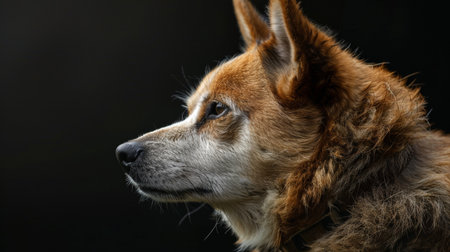 Portrait of a dog on a black background, close-upの素材