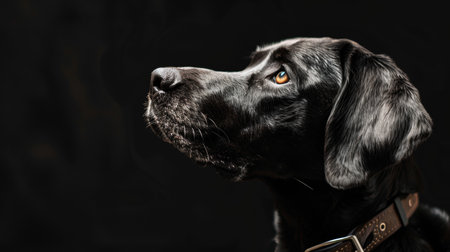 Portrait of a black labrador retriever dog on a black backgroundの素材
