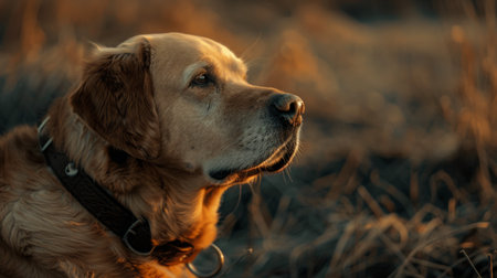 Golden retriever dog in the field at sunset. Selective focus.の素材