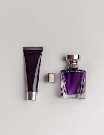 Purple perfume bottle on white background with copy space. Top viewの素材
