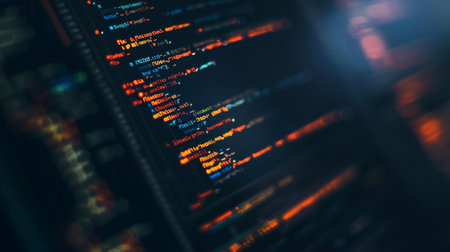 Programming code on computer monitor. Software development concept. Close up.の素材