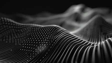Abstract 3d rendering of wavy surface with dynamic particles. Futuristic background with dynamic particles.の素材