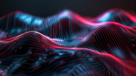 3d rendering of abstract wavy surface with glowing particles. Futuristic background with depth of field and bokeh effect.の素材