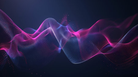 3d illustration of abstract digital background with glowing particles and wave linesの素材