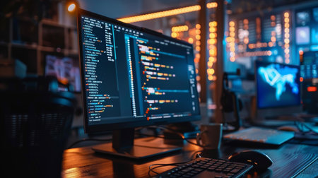 Programmer working in a software developing company office late at night.の素材