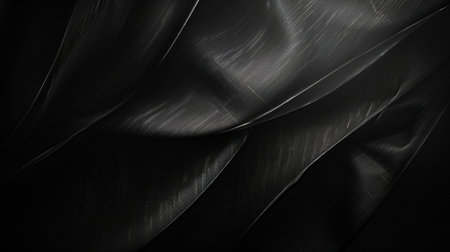 Closeup of rippled black satin fabric. Abstract background.の素材