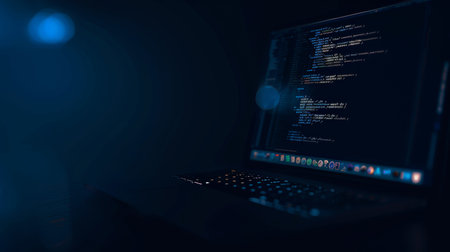 Programming code on the laptop screen in the dark. The concept of programming and coding.の素材